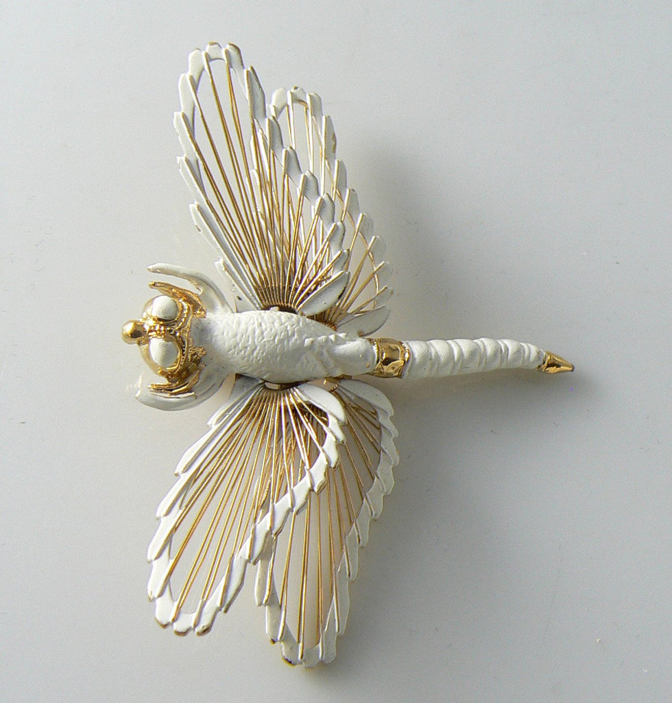 Vintage Monet White Enamel Filigree Dragonfly - Vintage Lane Jewelry