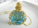 Jeweled Gold Tone Filigree Flower Perfume Bottle Necklace - Vintage Lane Jewelry