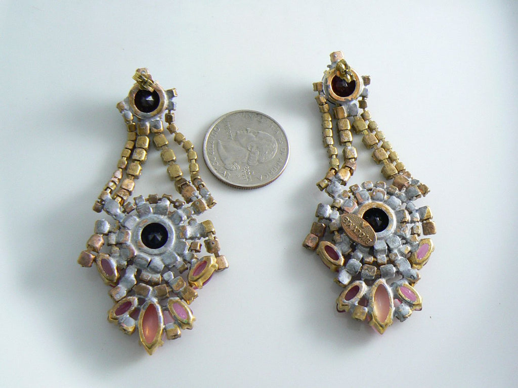 Czech Glass Bijoux Rhinestone Pink And Purple Pierced Style Earrings - Vintage Lane Jewelry