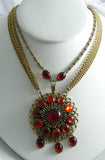 Romantic Blood Red Glass Cab Festooned Necklace - Vintage Lane Jewelry