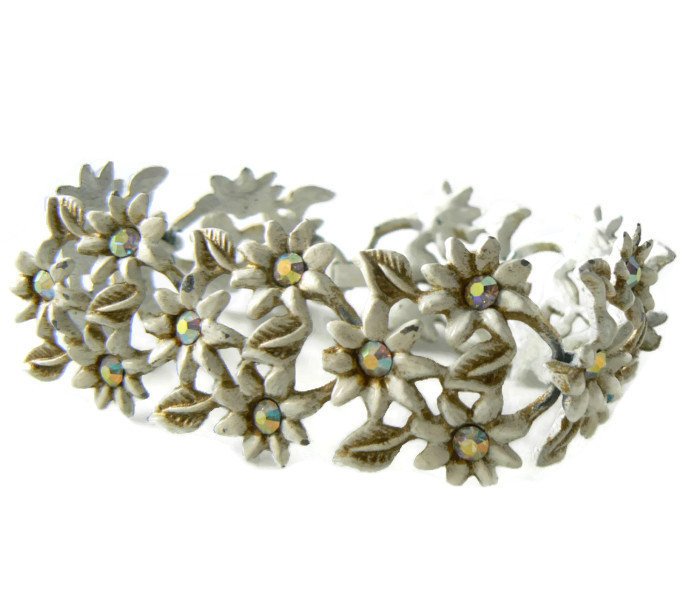 Vintage Ab Rhinestone White Enamel With Gold Bracelet Floral - Vintage Lane Jewelry