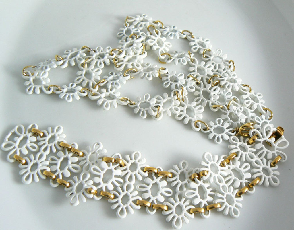 Vintage Crown Trifari  White Enamel Flower Link Necklace And Bracelet - Vintage Lane Jewelry