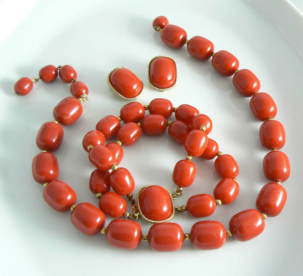 Marvella Red Lucite Necklace, Bracelet And Earring Set - Vintage Lane Jewelry