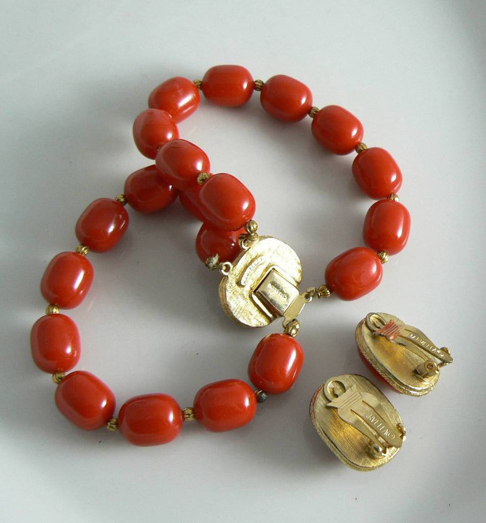 Marvella Red Lucite Necklace, Bracelet And Earring Set - Vintage Lane Jewelry