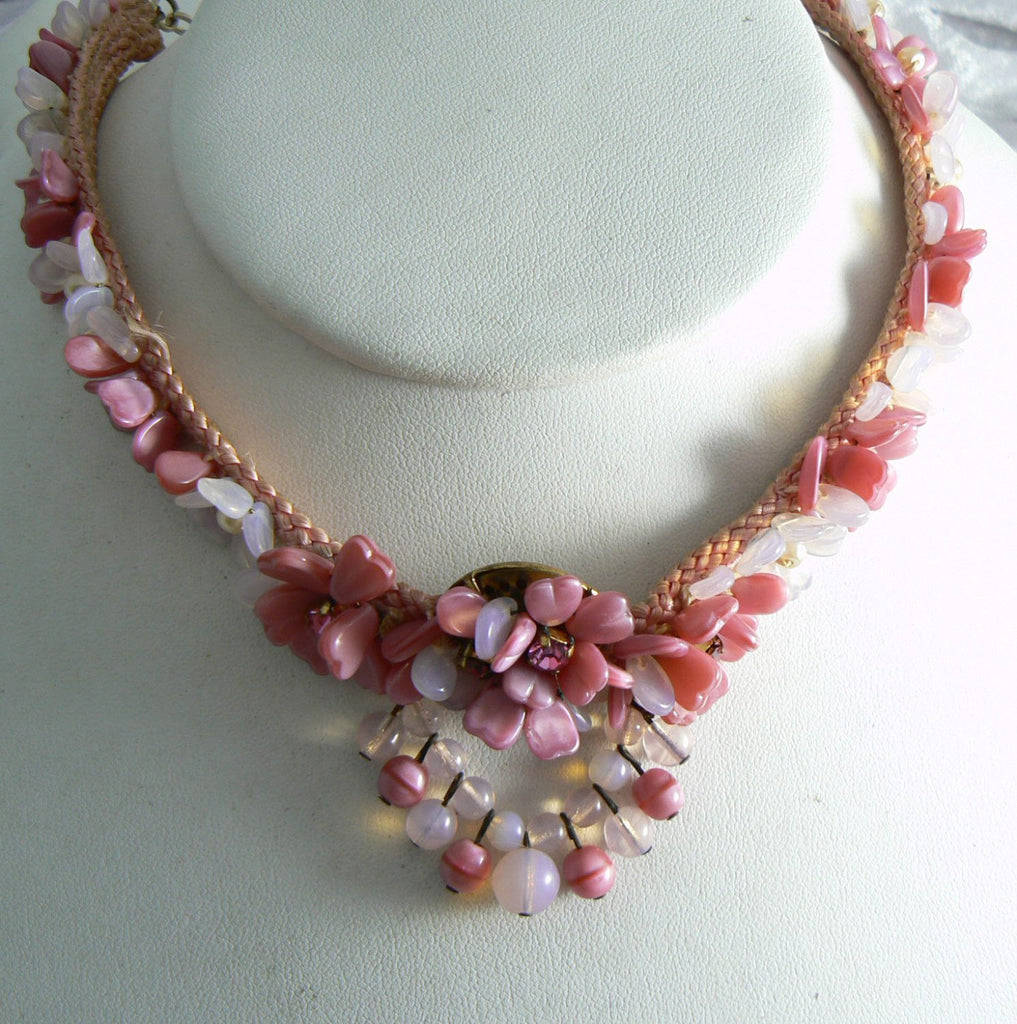 Vintage Pate De Verre Art Glass Pink Flower Necklace - Vintage Lane Jewelry