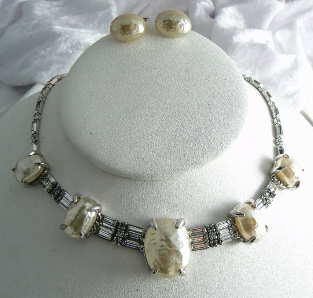 Michael Paul Mobe Pearls And Rhinestone Necklace And Earring Set - Vintage Lane Jewelry