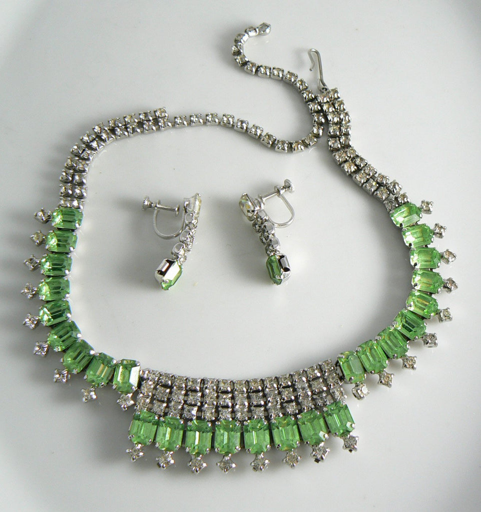 Vintage Peridot Green Rhinestone Necklace And Earring Set - Vintage Lane Jewelry