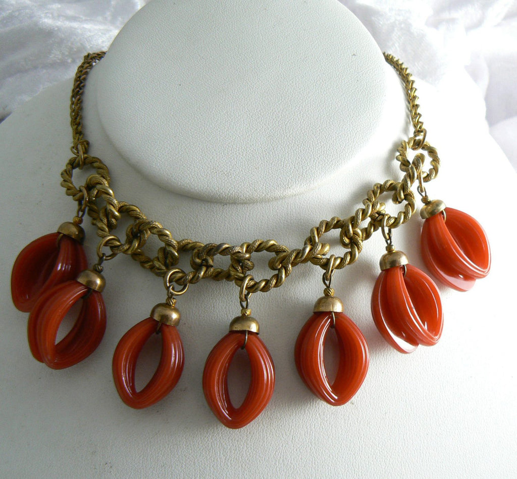 Vintage Signed Miriam Haskell Red Looped Dangle Necklace - Vintage Lane Jewelry