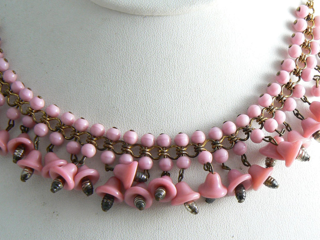 Vintage Pink Poured Glass Bells Dangle Choker Necklace - Vintage Lane Jewelry
