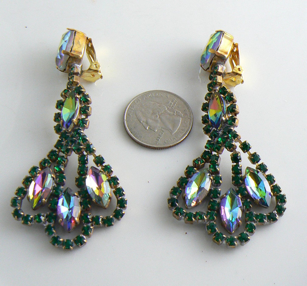 Czech Green And Watermelon Rhinestone Dangle Earrings - Vintage Lane Jewelry