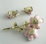 Coro Pink Porcelain Flowers Green Enamel Pin Earring Set - Vintage Lane Jewelry