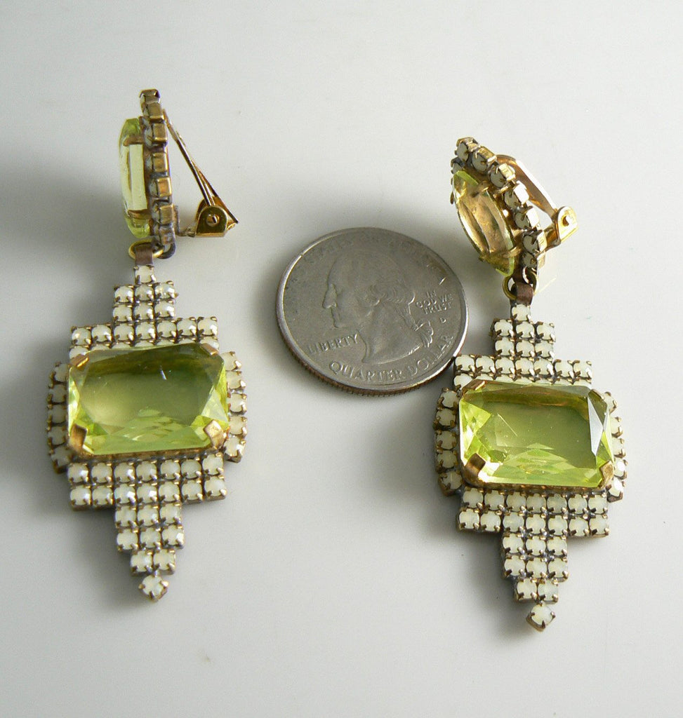 Czech Glass Vaseline Uranium Clip Earrings - Vintage Lane Jewelry