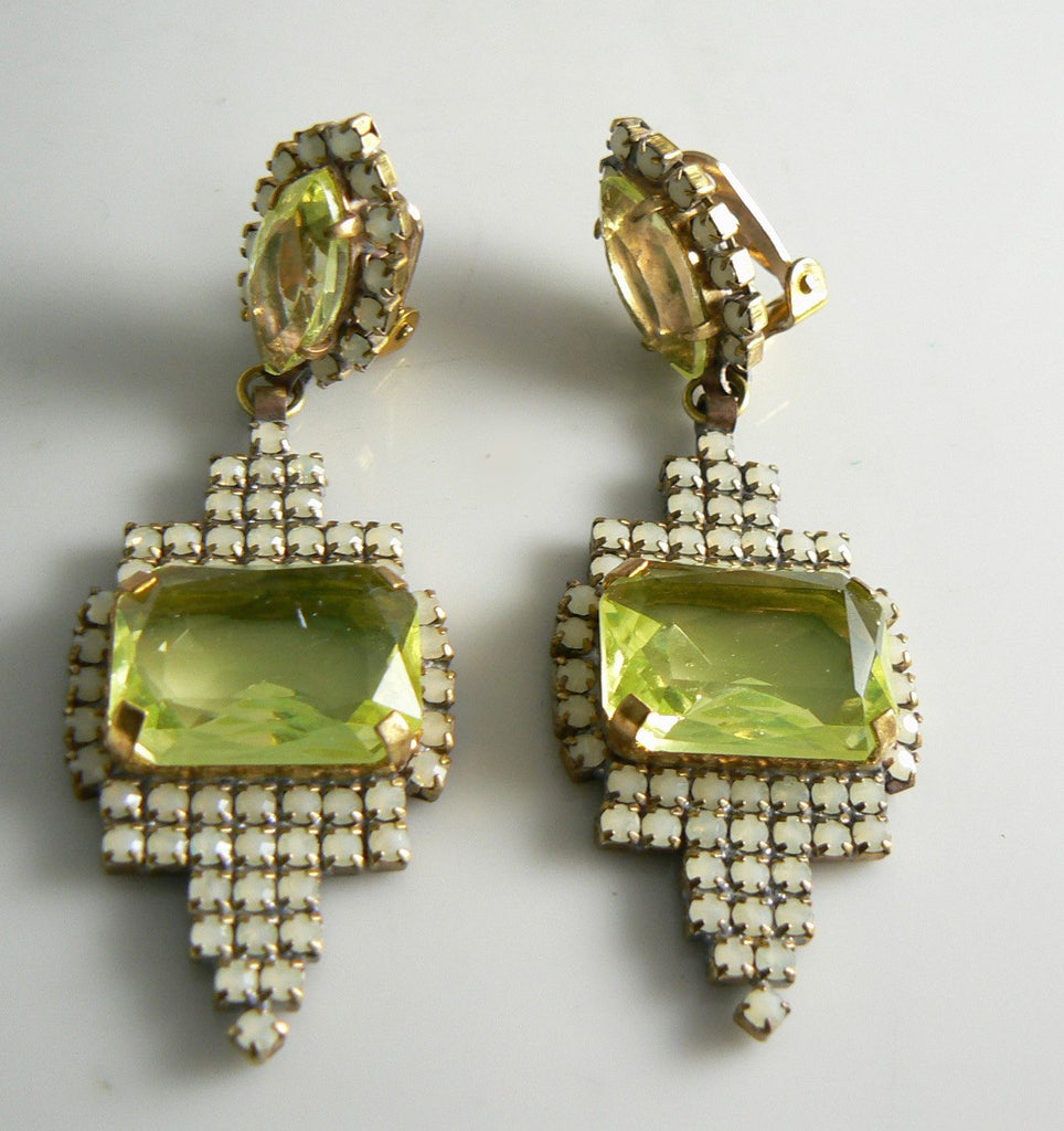 Czech Glass Vaseline Uranium Clip Earrings - Vintage Lane Jewelry