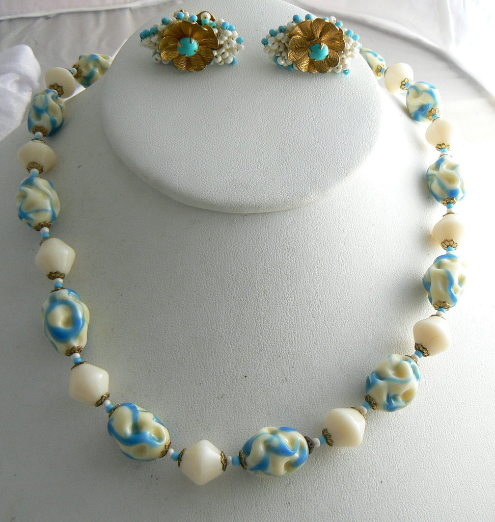 Miriam Haskell Art Glass Necklace Earring Set - Vintage Lane Jewelry
