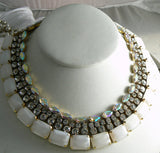 Czech Glass White Opal, Borealis And Rhinestone Necklace - Vintage Lane Jewelry