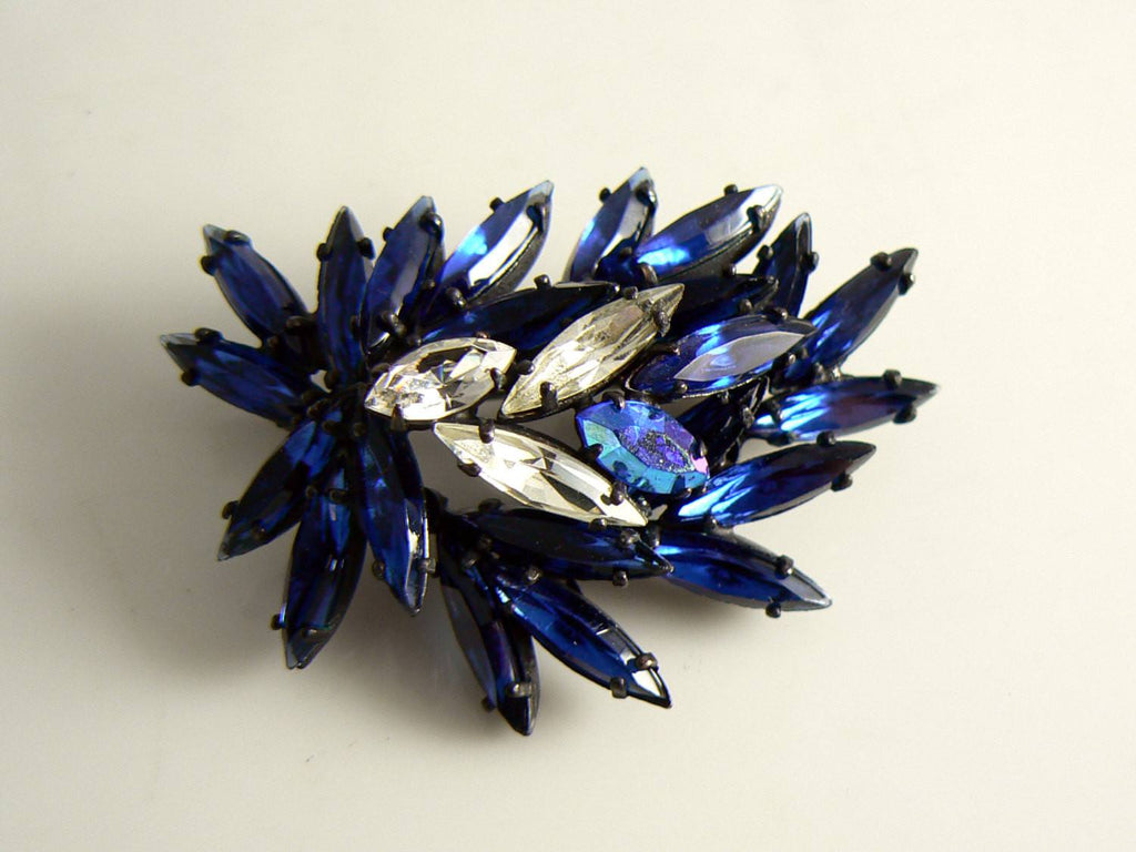 Dark Blue Regency Rhinestone Japanned Brooch - Vintage Lane Jewelry