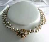 Miriam Haskell Two Strand Glass Pearl Choker Fancy Rhinestone Clasp - Vintage Lane Jewelry