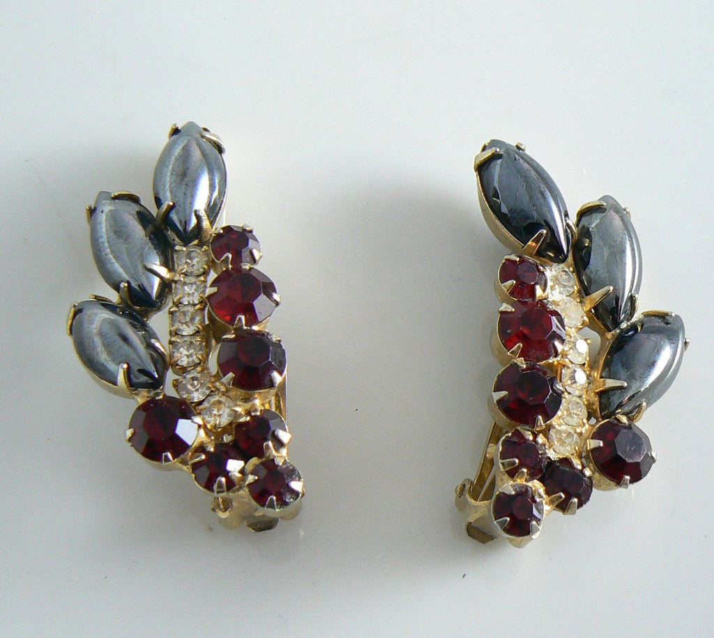 Verified Juliana Ruby And Hematite Rhinestone Leaf Earrings - Vintage Lane Jewelry