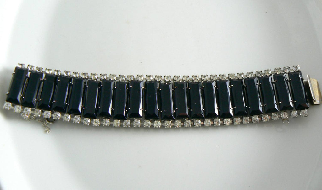 Vintage Black Glass And Crystal Rhinestone Bracelet - Vintage Lane Jewelry