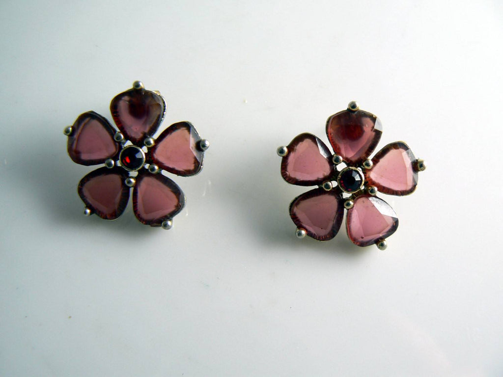 Monet Purple Glass Pierced Style Flower Earrings - Vintage Lane Jewelry