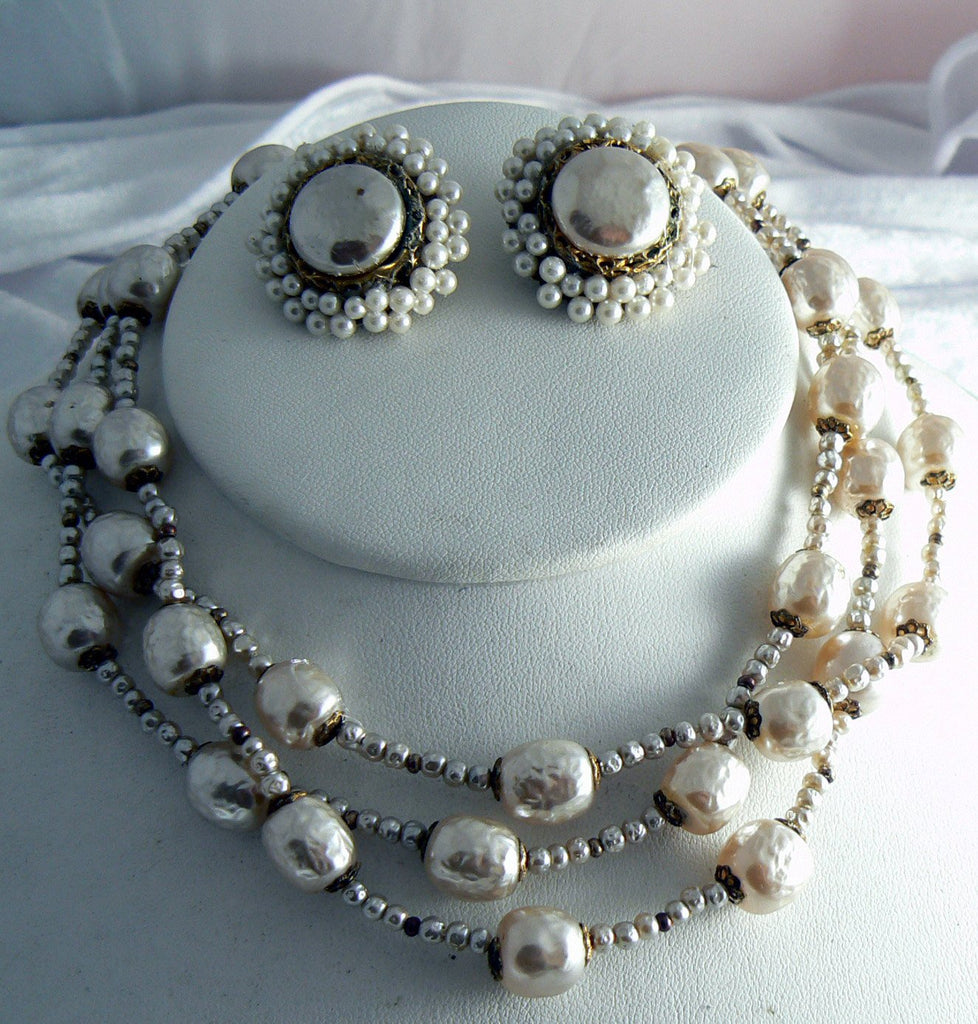 Miriam Haskell Baroque Pearl 3-strand Necklace Earring Set - Vintage Lane Jewelry