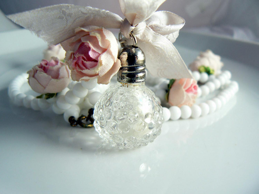 Milk Glass Necklace Pink Rose Perfume Bottle Pendant - Vintage Lane Jewelry