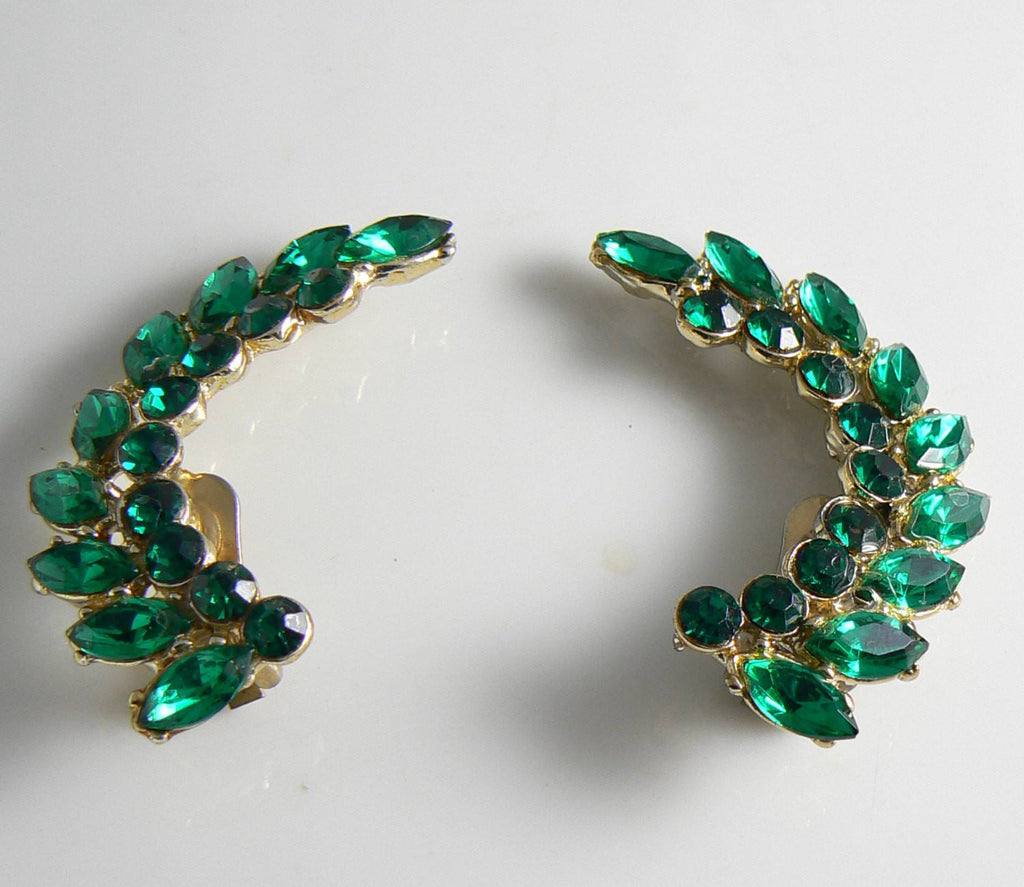 Vintage Green Rhinestone Ear Climber Clip Earrings - Vintage Lane Jewelry