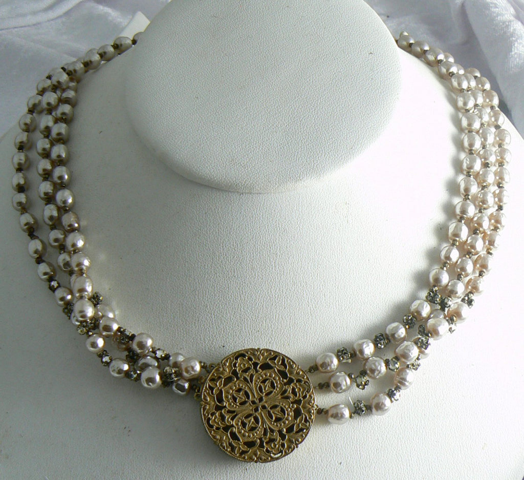 Miriam Haskell Baroque Pearl And Rosette 3 Strand Necklace - Vintage Lane Jewelry