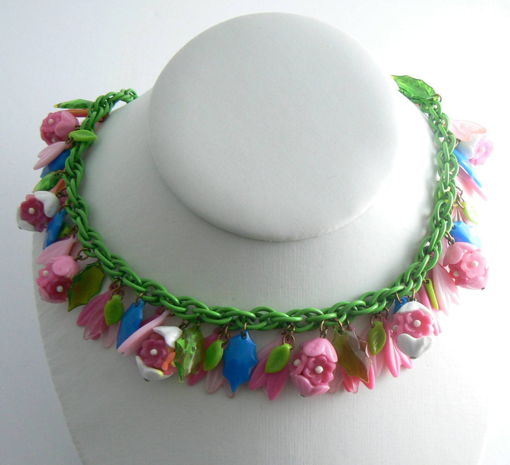 Pink And Blue Retro Enamel Plastic Flower Charm Necklace - Vintage Lane Jewelry