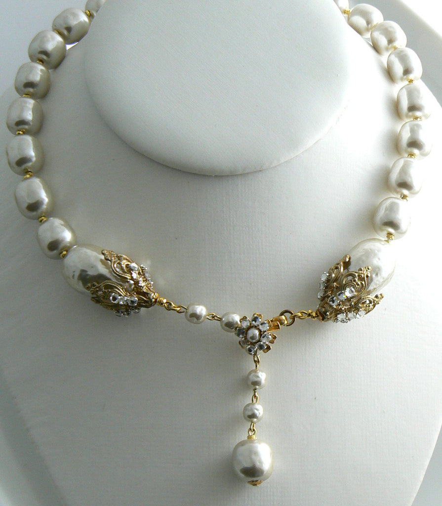 Huge Signed Miriam Haskell Necklace Pear-Shape Baroque Pearls with rhinestones - Vintage Lane Jewelry