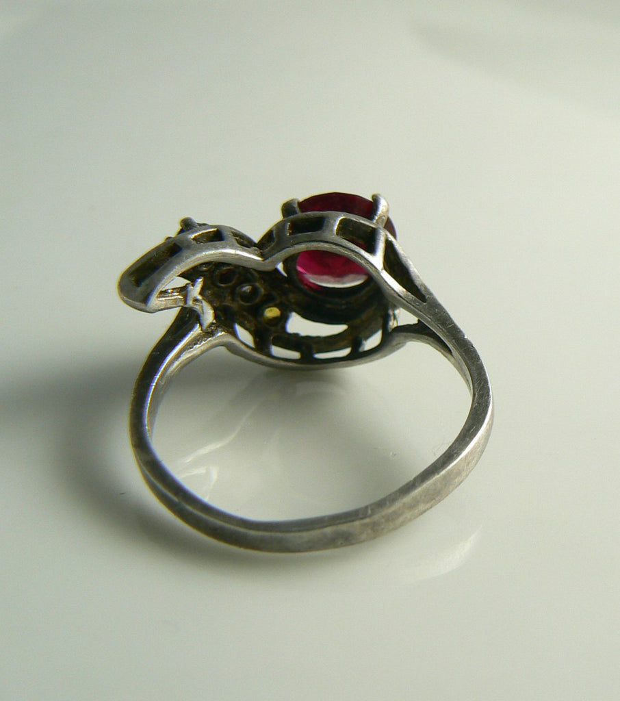Estate Art Deco Sterling Silver Ruby and Yellow Sapphire Ring - Vintage Lane Jewelry