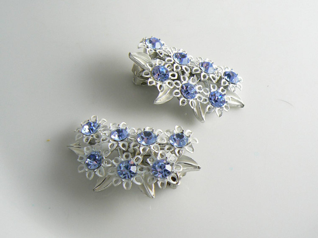 Lisner Blue Rhinestone White Enamel Flower Demi Parure - Vintage Lane Jewelry