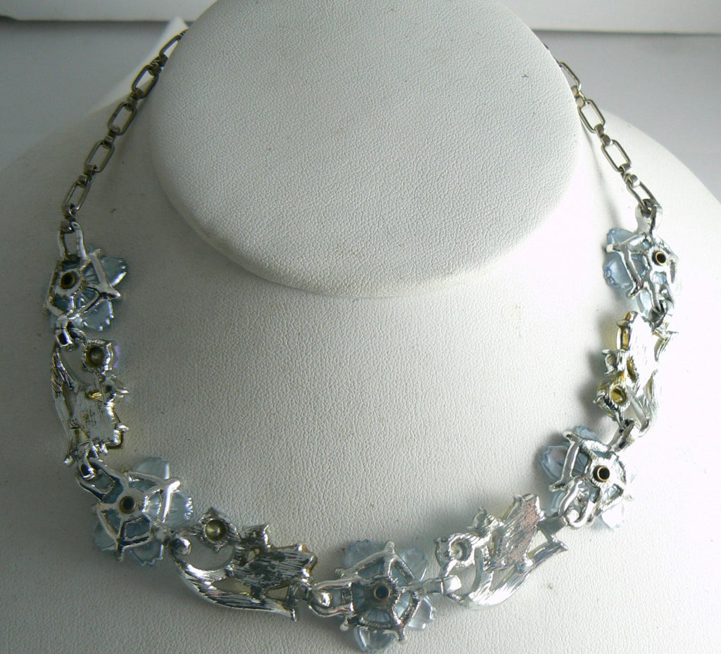 Blue Lucite Rhinestone Flower Necklace - Vintage Lane Jewelry