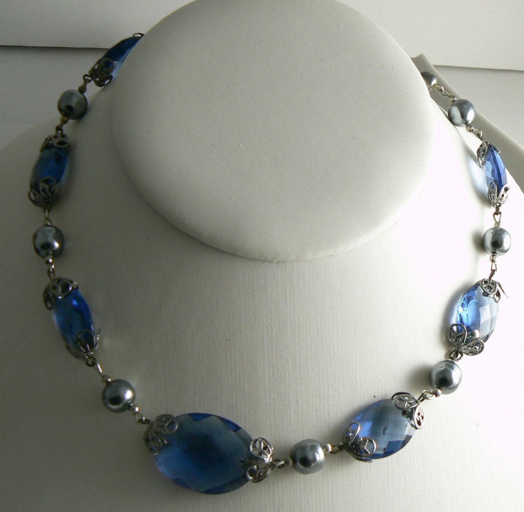 Miriam Haskell Blue Glass Silver Baroque Pearl Necklace - Vintage Lane Jewelry