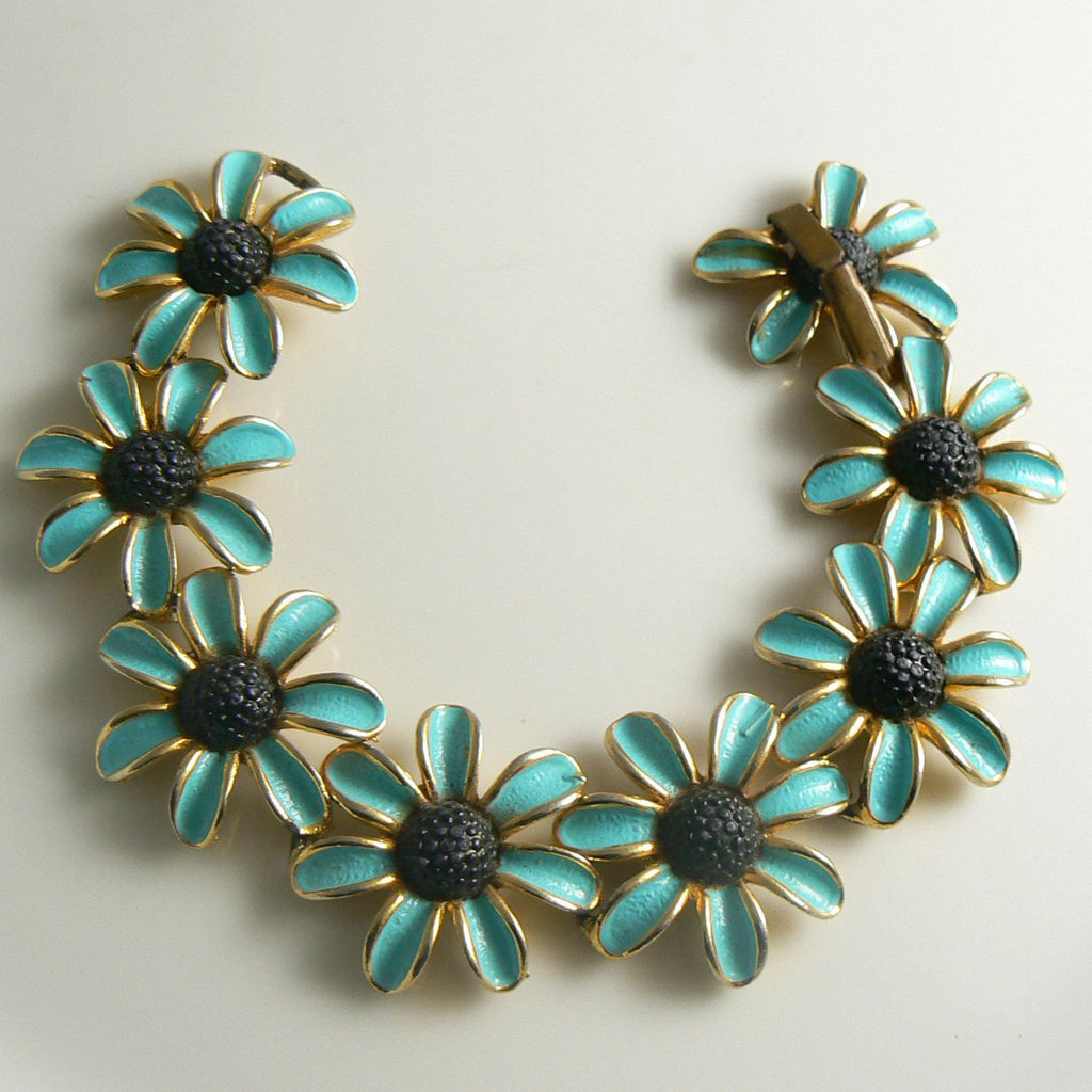 Judy Lee Enamel Daisy Flower Bracelet and clip earrings - Vintage Lane Jewelry