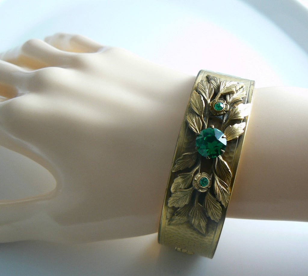 Victorian Revival Emerald Glass Leaf Bangle Bracelet - Vintage Lane Jewelry