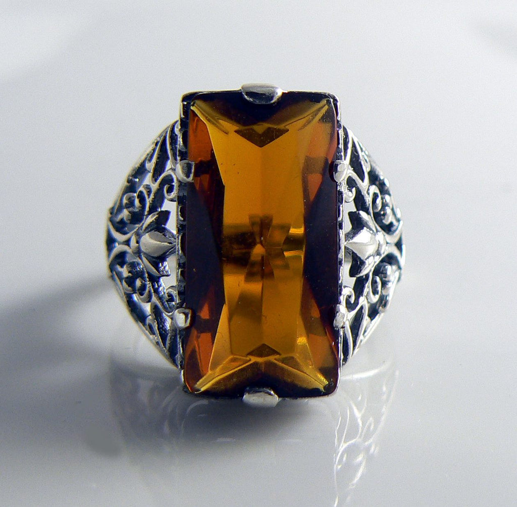 Orange Citrine Sterling Leaf Art Nouveau Filigree Ring - Vintage Lane Jewelry