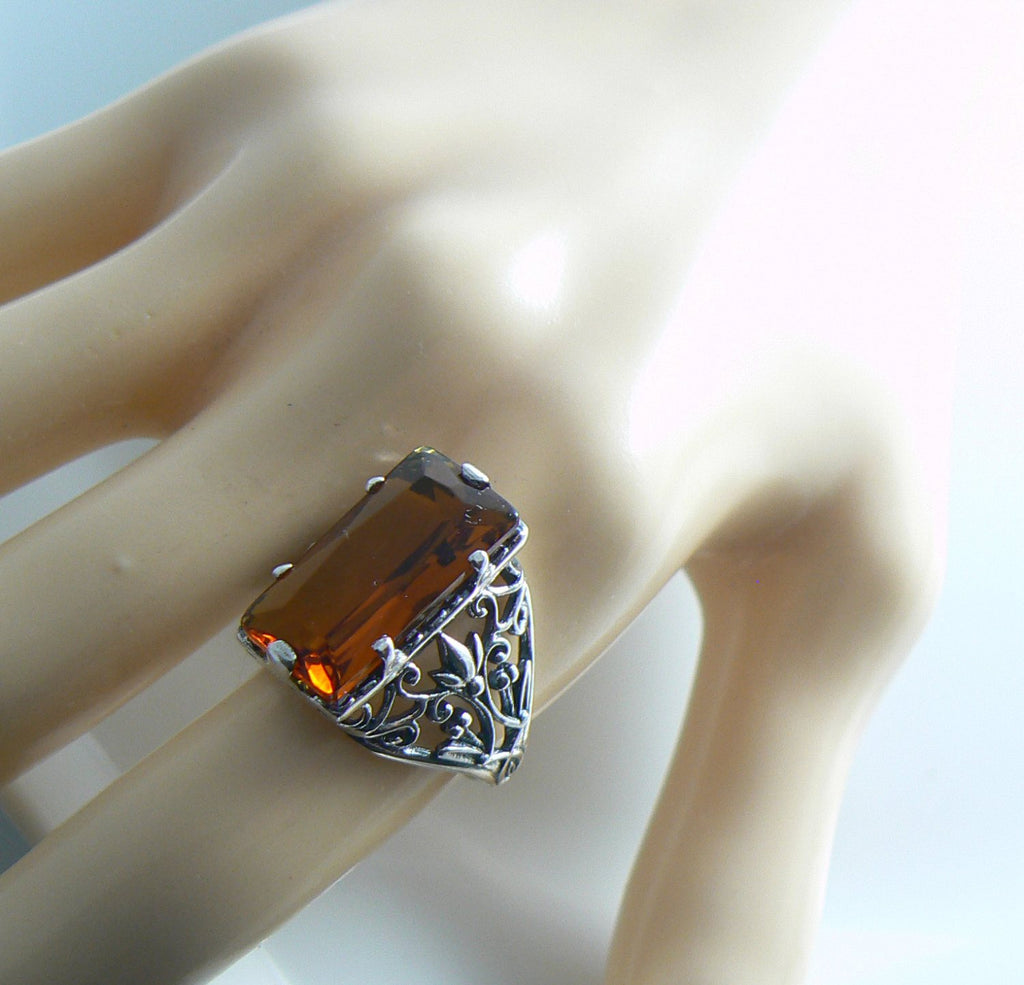 Orange Citrine Sterling Leaf Art Nouveau Filigree Ring - Vintage Lane Jewelry