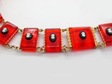 Red Lucite Panel Black Cameo Necklace, Bracelet and Earrings - Vintage Lane Jewelry
