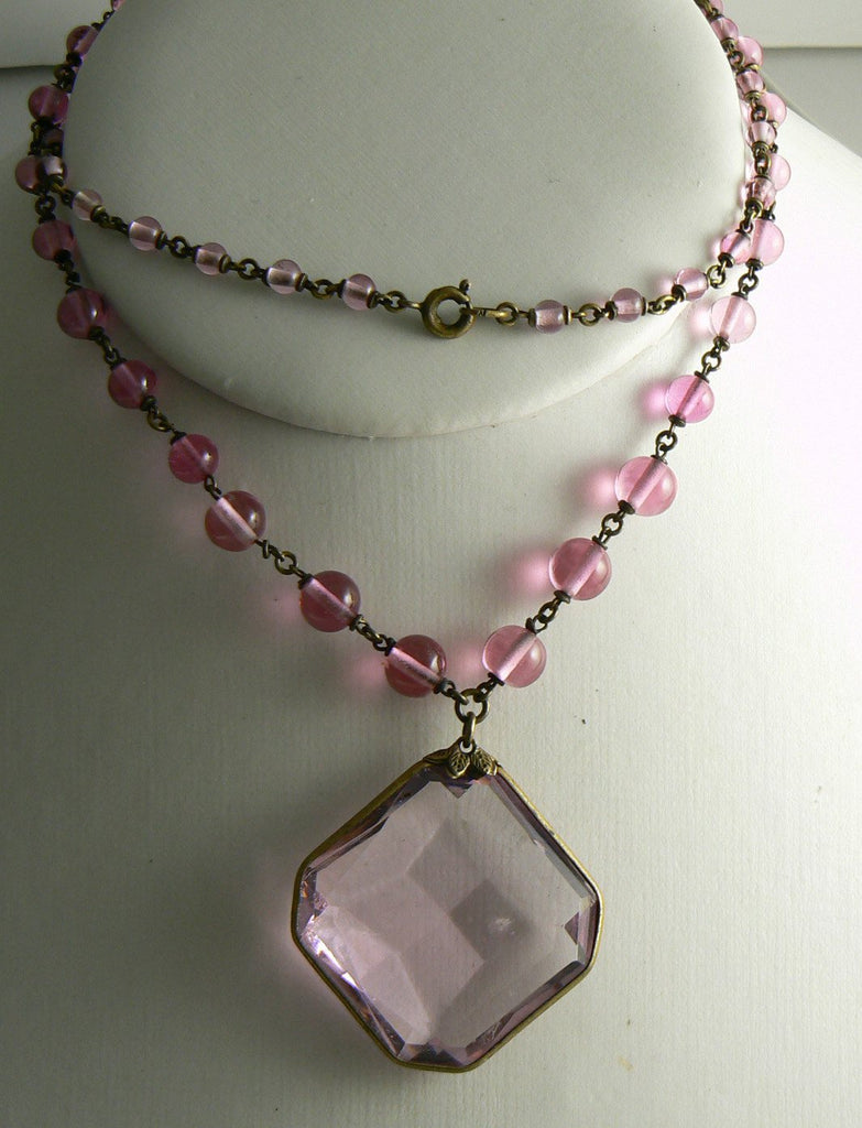 Czech Graduated Bead Necklace Pink Faceted Glass Pendant - Vintage Lane Jewelry