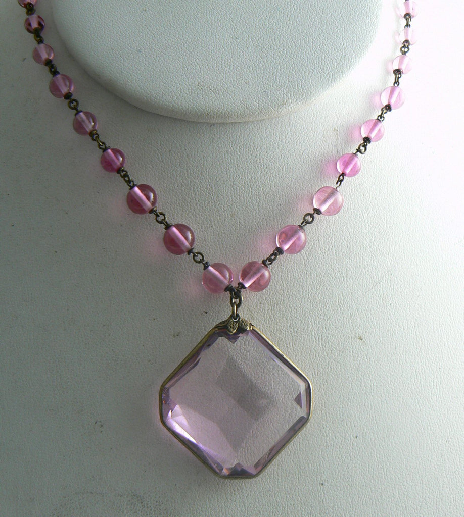 Czech Graduated Bead Necklace Pink Faceted Glass Pendant - Vintage Lane Jewelry