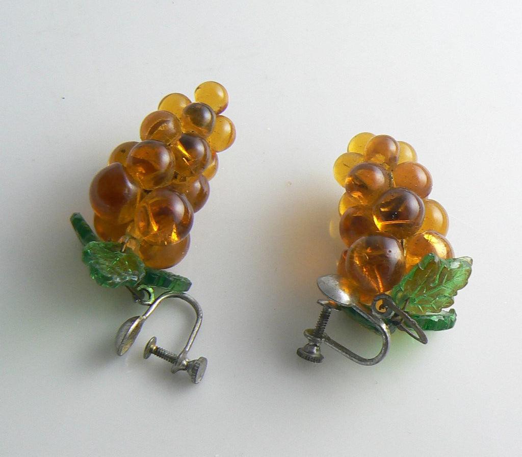 Vintage Amber Glass Grapes and Leaves Earrings - Vintage Lane Jewelry