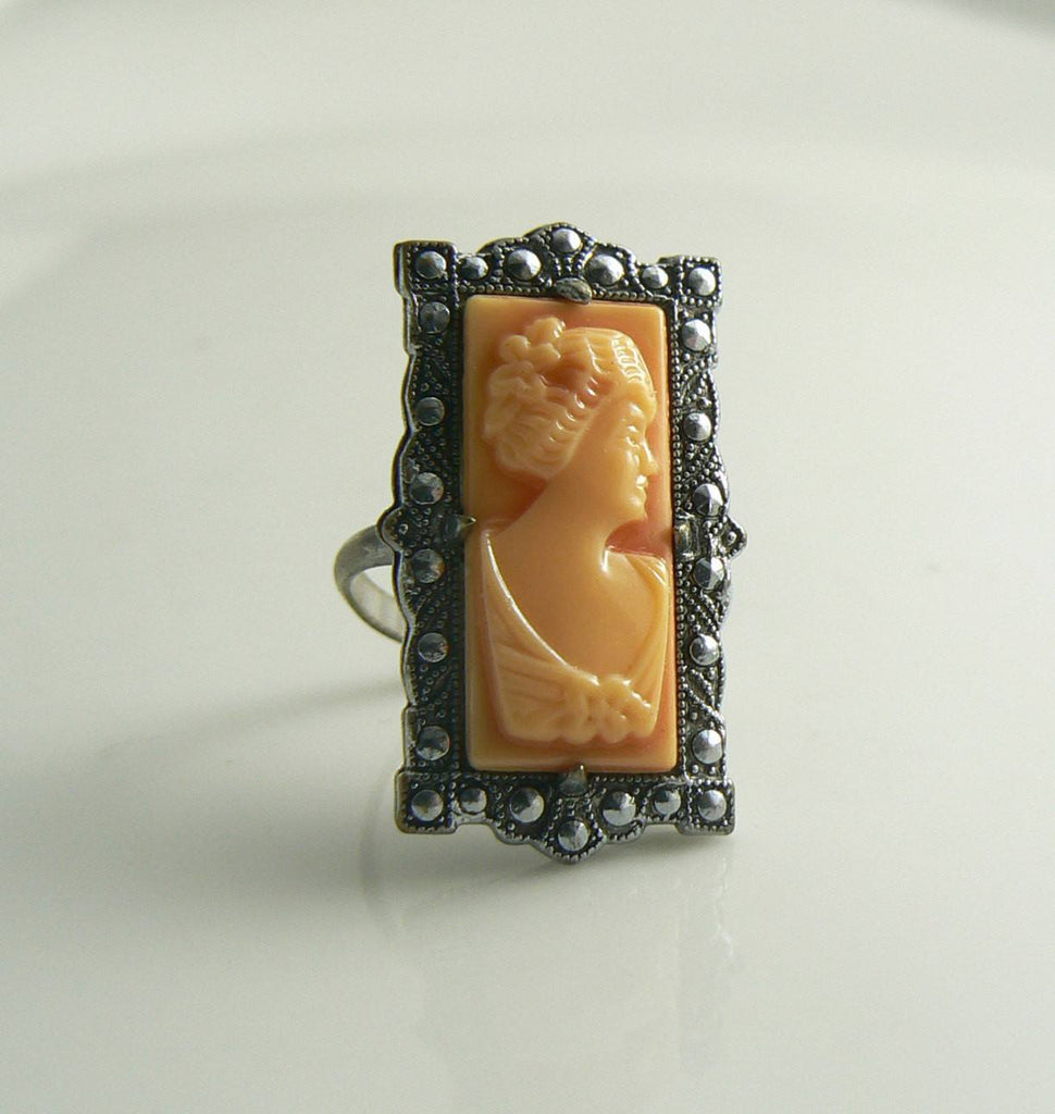Gorgeous Marcasite & Coral Cameo Vintage Signed Ring - Vintage Lane Jewelry