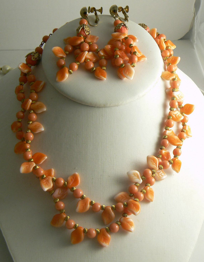 Miriam Haskell Coral Colored Leaves Necklace Earring Set - Vintage Lane Jewelry
