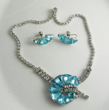 Clear and Aqua Rhinestone Vintage Necklace and Earrings - Vintage Lane Jewelry