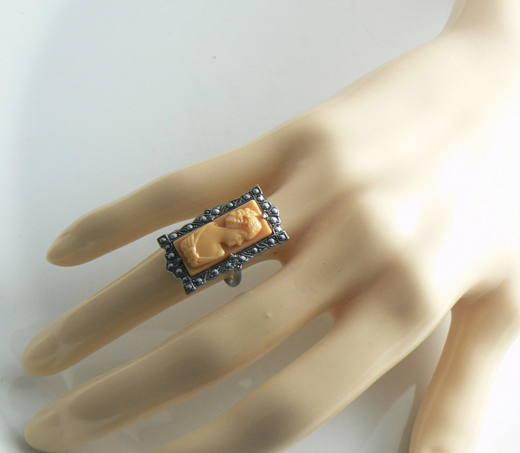 Gorgeous Marcasite & Coral Cameo Vintage Signed Ring - Vintage Lane Jewelry