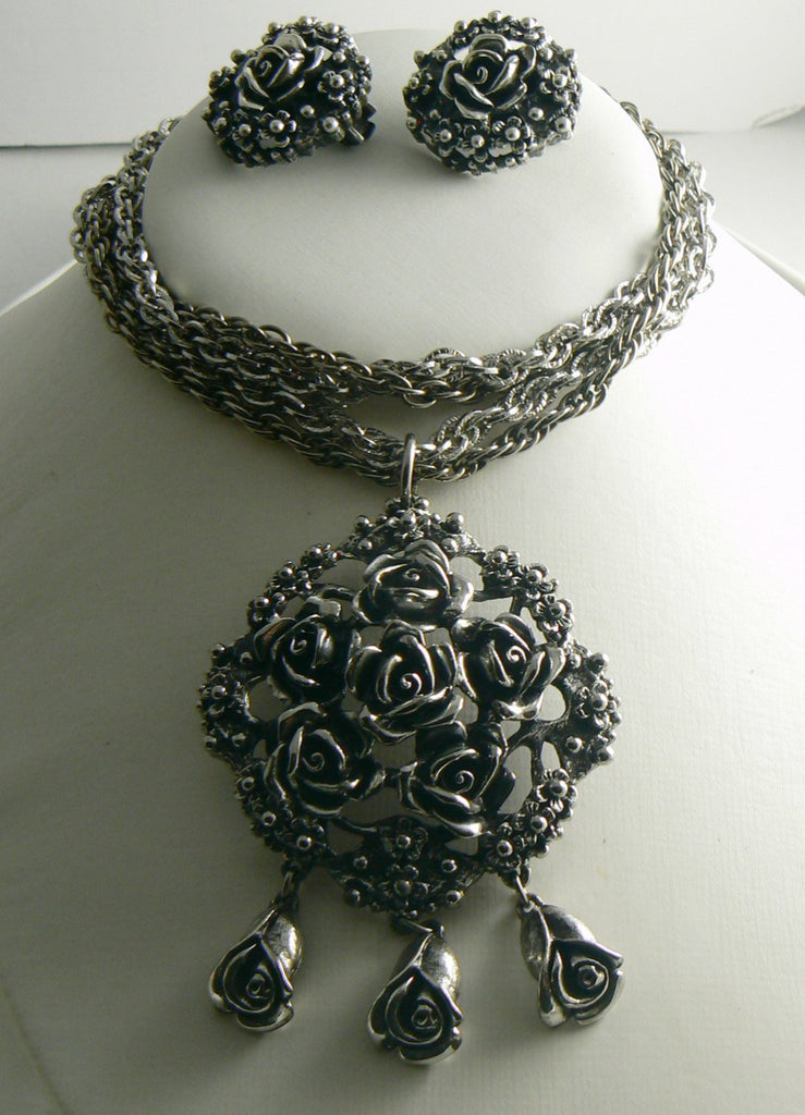 Tortolani Heavy Silver Tone Rose Flowers Necklace Earring Set - Vintage Lane Jewelry