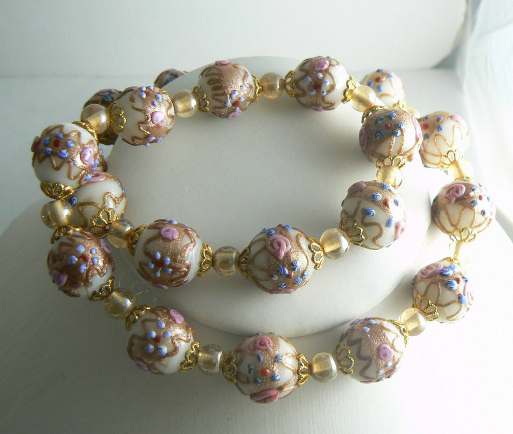 Venetian Wedding Cake Bead Necklace in Ivory and Gold - Vintage Lane Jewelry
