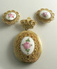 Guilloche Pink Rose Enamel Locket Pin & Earring Set - Vintage Lane Jewelry