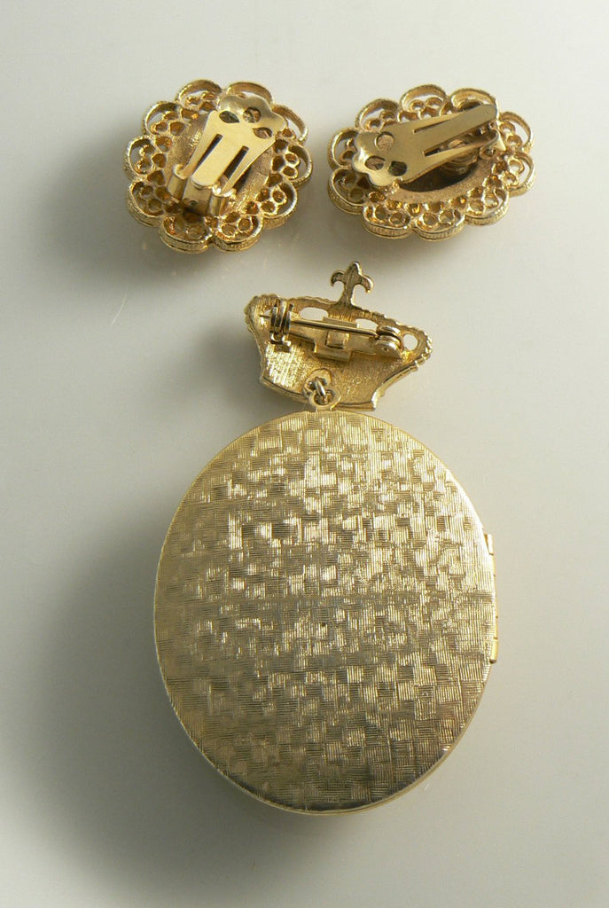 Guilloche Pink Rose Enamel Locket Pin & Earring Set - Vintage Lane Jewelry